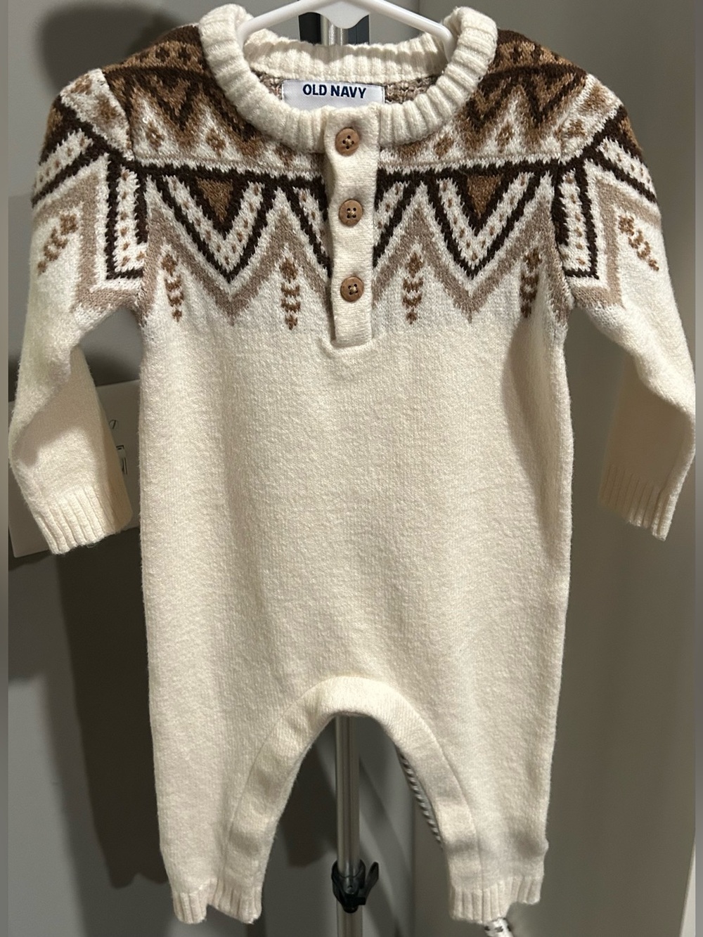 Old Navy Cream Knit Baby One-Piece with Brown Fair Isle Yoke